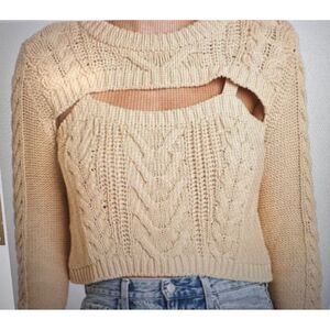 PISTOLA Women 2 Pieces Open Top Chest Cable-Knit Belly Tan Chic Cozy Sweater  L